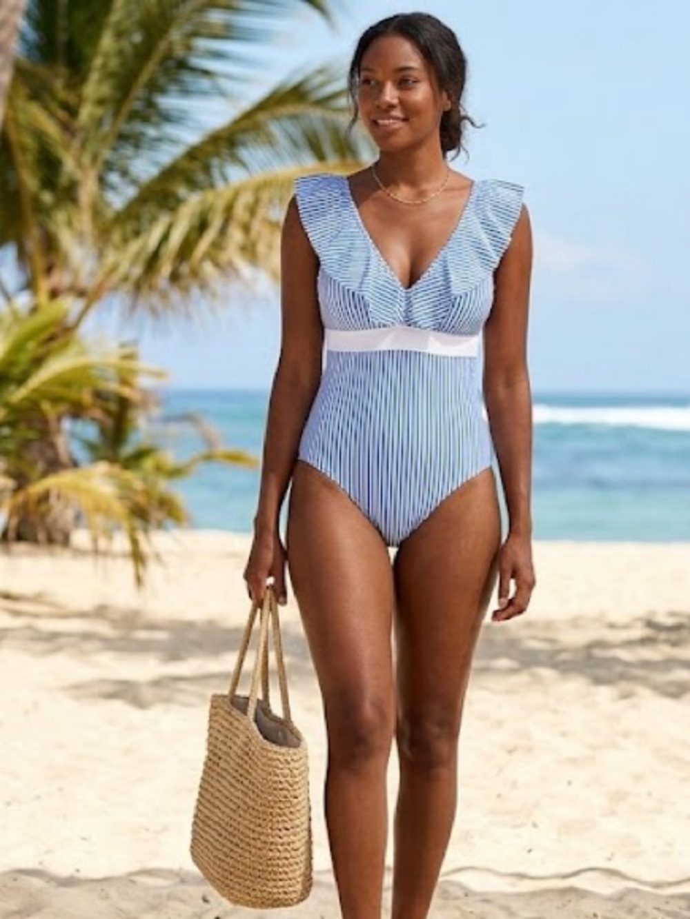 Women's One Piece Swimsuit V Neck Ruffled Back NWT Size L